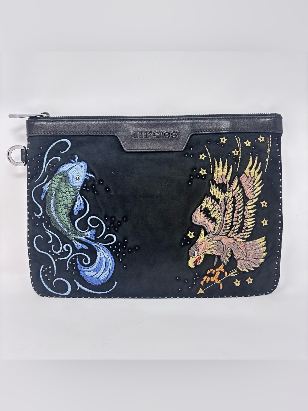 Jimmy Choo Black Suede Embroidered Fish & Eagle Zip Clutch
